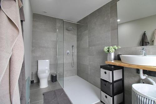 La salle de bains est pourvue d'une douche, d'un lavabo et de toilettes. dans l'établissement O Refúgio do MIF, à Rebordochão