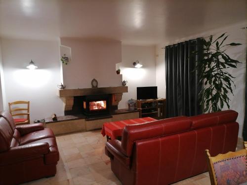sala de estar con muebles de cuero rojo y chimenea en La Maison de Raph, en Villeneuve dʼOlmes