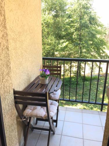 a wooden table and chairs on a balcony at Room in a nice and cosy place in Mondorf in Mondorf-les-Bains