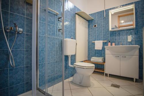 y baño de azulejos azules con aseo y ducha. en Hisa Taljat, en Most na Soči