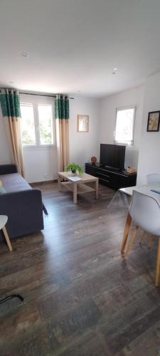 un salon avec un canapé et une télévision dans l'établissement La Porte d'Orange, à Orange