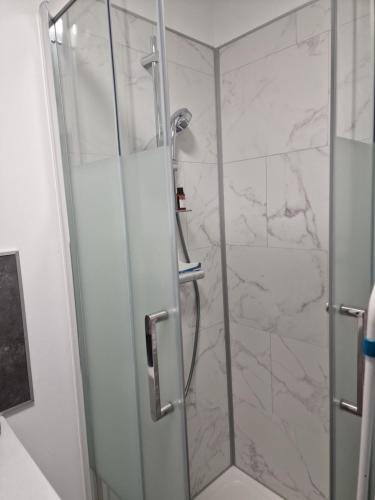 La salle de bains est pourvue d'une douche avec une porte en verre. dans l'établissement Studio Guérande, à Guérande