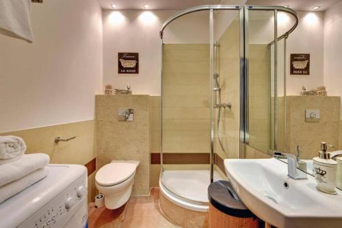 a bathroom with a shower and a toilet and a sink at Central Apartments-Gdansk&Sz7/5 in Gdańsk