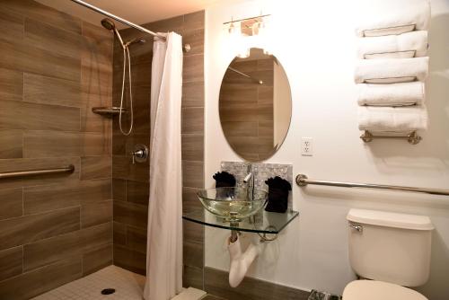 een badkamer met een toilet en een glazen tafel bij Relaxing Condo Hotel In The Grove, Free Parking in Miami