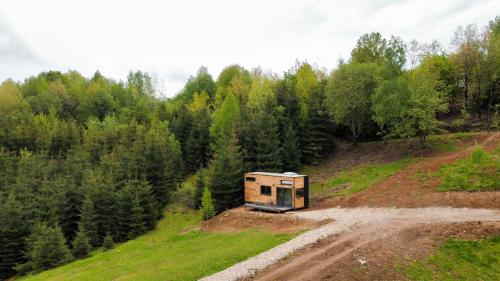 a tiny house on a dirt road in a field at Coniferis in Tomnatic