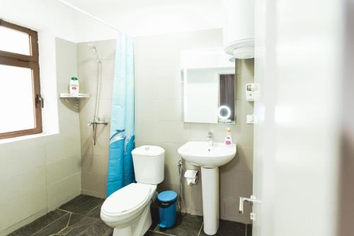 łazienka z toaletą i umywalką w obiekcie New Apartment at New Bazaar - Tirana City Center w Tiranie