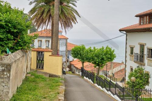 a street in a town with houses and a palm tree at Casona del Sol El Retorno I in Lastres