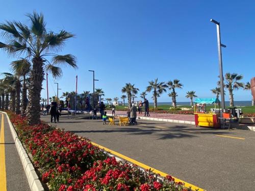 un parque con flores y palmeras en la playa en Porto Said Resort Rentals en Port Said