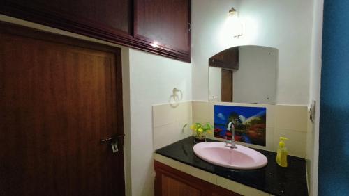 a bathroom with a sink and a mirror at Dragster Homes in Kizhake Chālakudi