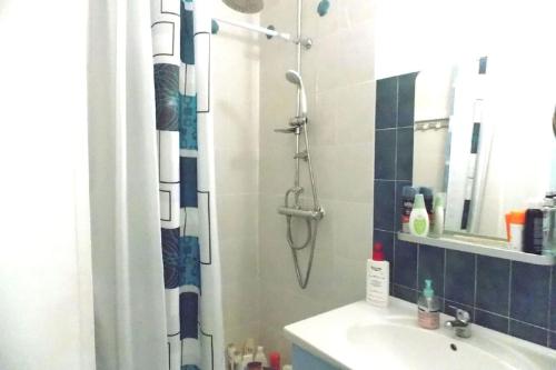 La salle de bains est pourvue d'une douche avec un lavabo et un rideau de douche. dans l'établissement Studio vue mer centre ville avec garage, à Sainte-Maxime