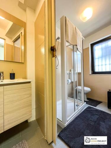 a bathroom with a shower and a toilet and a sink at Casa Valentino - Appartamento con vista in Madonna del Sasso