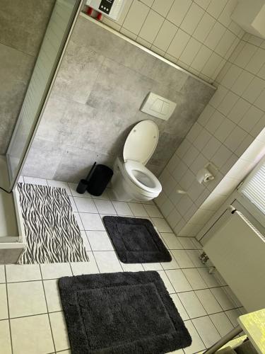 a bathroom with a toilet and two rugs on the floor at Ferienwohnung in Celle
