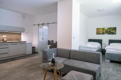 a living room with a couch and a bed at Apartmány Venuše in Ostrava