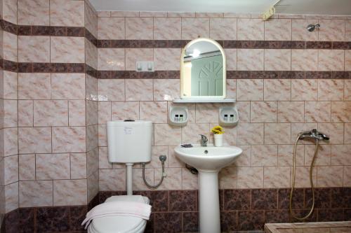 a bathroom with a toilet and a sink and a mirror at Sunrise Apartments in Sfakaki