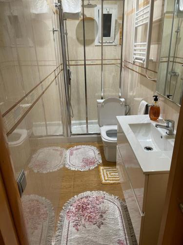 y baño con ducha, aseo y lavamanos. en Cozy Flat, en Barcelona