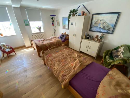 uma sala de estar com duas camas e um sofá em Wohnen & Kunst em Bad Rodach