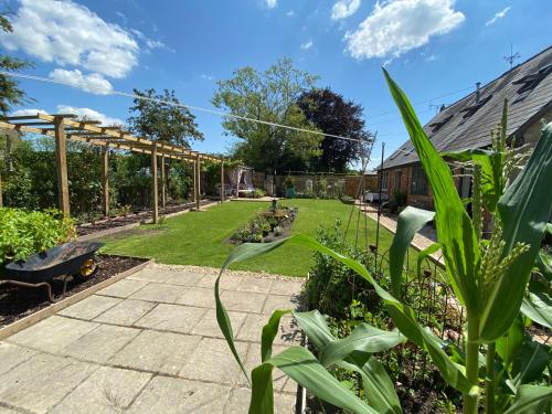 a garden with plants and a wooden pergola at Eclectic Barn - Pergola & Dog-Friendly Garden in Calne