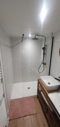 une salle de bain avec une douche avec des toilettes et un lavabo dans l'établissement Maison de Vacances à la montagne, à Laruns