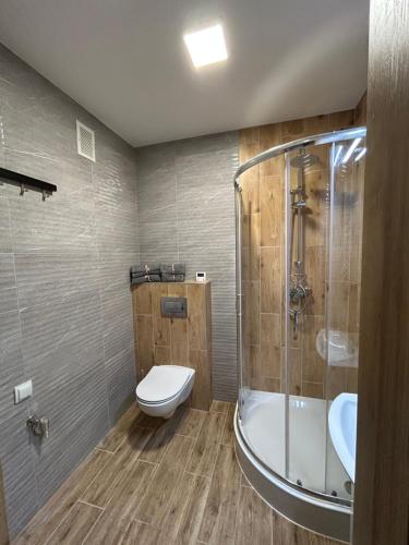 a bathroom with a shower and a toilet and a sink at Apartamenty Kalisz Pomorski in Kalisz Pomorski