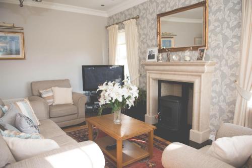 sala de estar con chimenea y espejo en Dunagree Bed & Breakfast en Greencastle