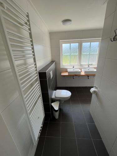 een badkamer met 2 wastafels, een toilet en een raam bij Hèt Koetshuis in Oostkapelle