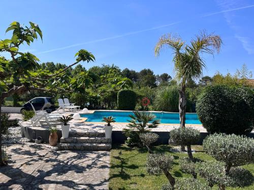 une cour avec une piscine et des palmiers dans l'établissement Le n°X, à Congéniès