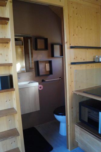 uma pequena casa de banho com WC num quarto em Spa & Bain Nordique - Tiny house à la campagne em La Boissière