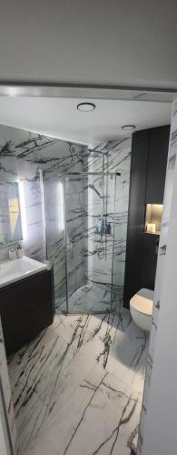 bagno con doccia, lavandino e servizi igienici di Jaukus 2 kambarių butas Mažeikiuose a Mažeikiai