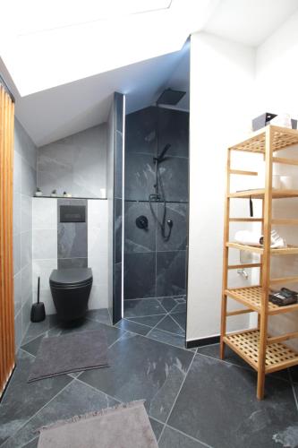 a bathroom with a shower and a toilet in it at Ferienwohnung Schauenburg in Schauenburg