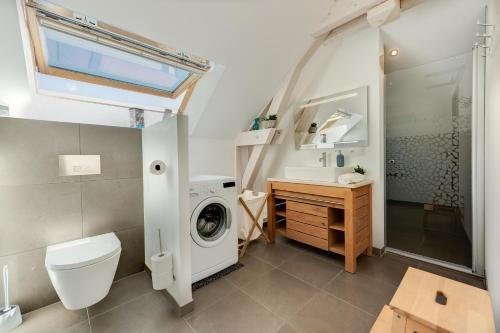 a bathroom with a toilet and a washing machine at Coquet T2. Exceptionnel entre lac et montagnes in Menthon-Saint-Bernard
