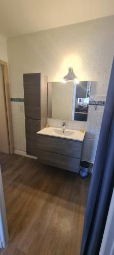 une salle de bain avec un lavabo et un miroir dans l'établissement Appartement en bord de plage - à 50 m de la mer, à Canet