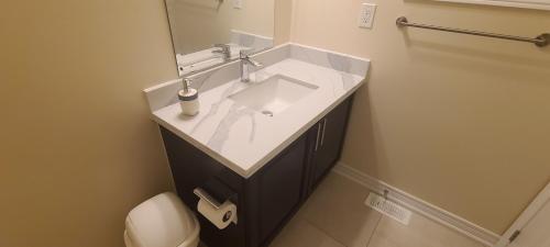 a bathroom with a sink and a mirror and a toilet at Beautiful Master Bedroom, TV, Wi-fi, Laundry, Parking in Cambridge
