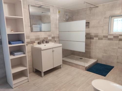a bathroom with a sink and a shower at Charmant studio à Castillon du Gard, à deux pas du Pont-du-Gard in Castillon-du-Gard