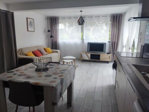 un salon avec une table et un canapé dans l'établissement Charmant studio à Castillon du Gard, à deux pas du Pont-du-Gard, à Castillon-du-Gard