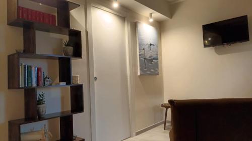 a living room with a book shelf and a television at Alloggio in Via del Pescino in Bracciano