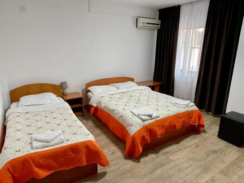 a hotel room with two beds and a window at Hotel Tata Si Fii in Bechet