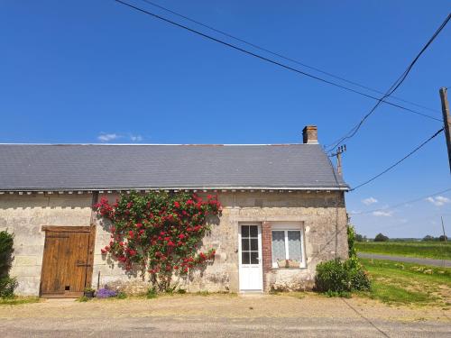 ein kleines Steinhaus mit roten Blumen drauf in der Unterkunft Bellevue in Saint-Paterne-Racan