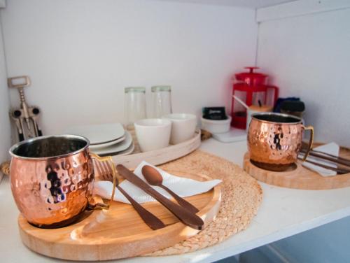 deux tasses et cuillères en cuivre sur un comptoir dans l'établissement Amigos del viento, à Chile Chico