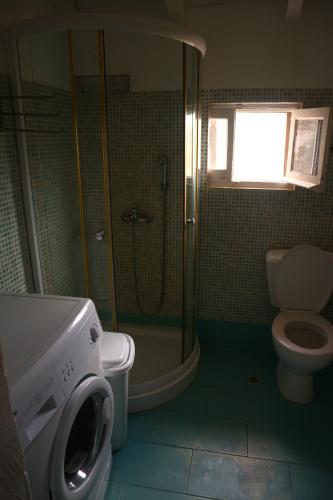 a bathroom with a shower and a toilet at Reset cottage in Velianitátika