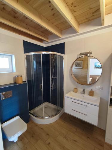 Un baño con ducha, lavabo y espejo. en Baltic Rafa, en Niechorze