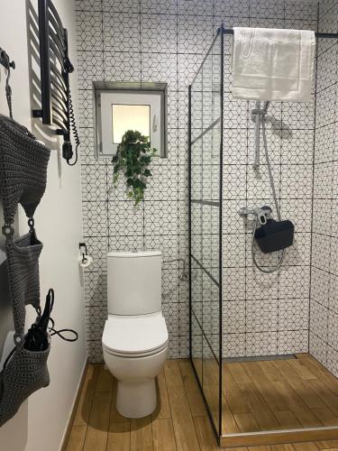 斯特迦納的住宿－Dom Wypoczynkowy Zacisze- klimatyczny domek z kominkiem，一间带白色卫生间的浴室和窗户。