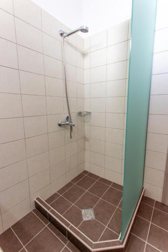 a shower with a glass door in a bathroom at Anassa apartments in Asprovalta
