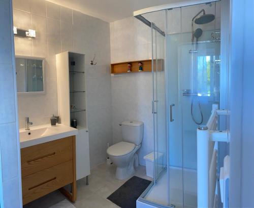 a bathroom with a shower and a toilet and a sink at Cottage OMAHA - 3 personnes - Plages du débarquement in Formigny