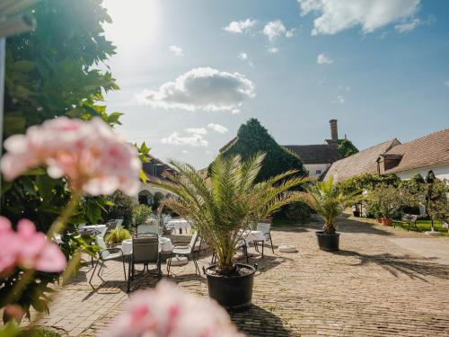 a patio with chairs and palm trees and plants at Genießerhof Haimer - Hotel Garni in Poysdorf