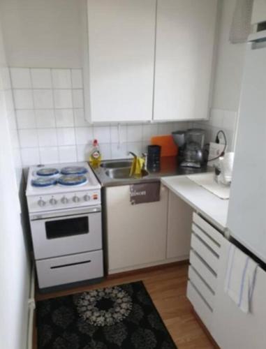 a small kitchen with a stove and a sink at Studio Pearl in Taalintehdas