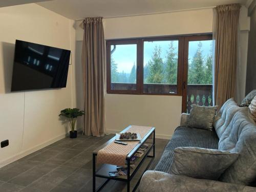 Harmony Apartment Poiana Brasov في بويانا براسوف: غرفة معيشة مع أريكة وتلفزيون