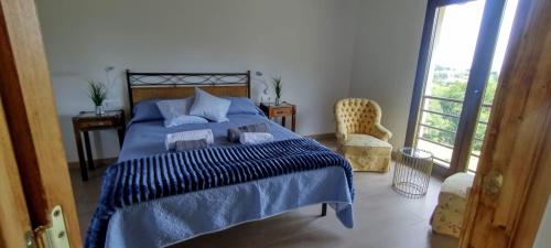 een slaapkamer met een blauw en wit bed en een stoel bij Casa Rural Tulia in Grado