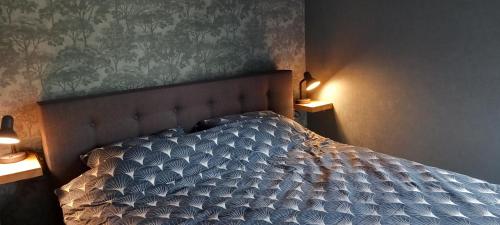 een bed in een slaapkamer met 2 lampen op tafels bij Luxe Recreatie Bungalow NO 10 in Scherpenisse