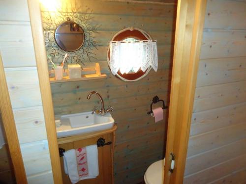 W łazience znajduje się umywalka i lustro. w obiekcie Roulotte dans un cadre verdoyant w mieście Hermelinghen