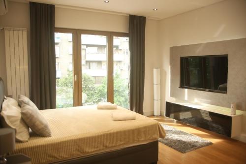 um quarto com uma cama, uma televisão e uma janela em Natalie's Condo em Belgrado